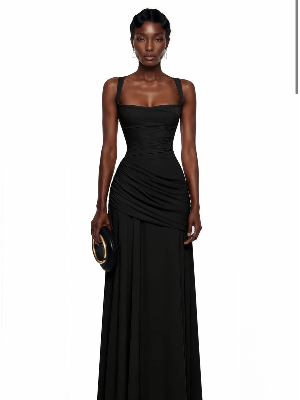 Miss Rosier Sanne Black Square Neck Ruched Maxi Dress - NWT